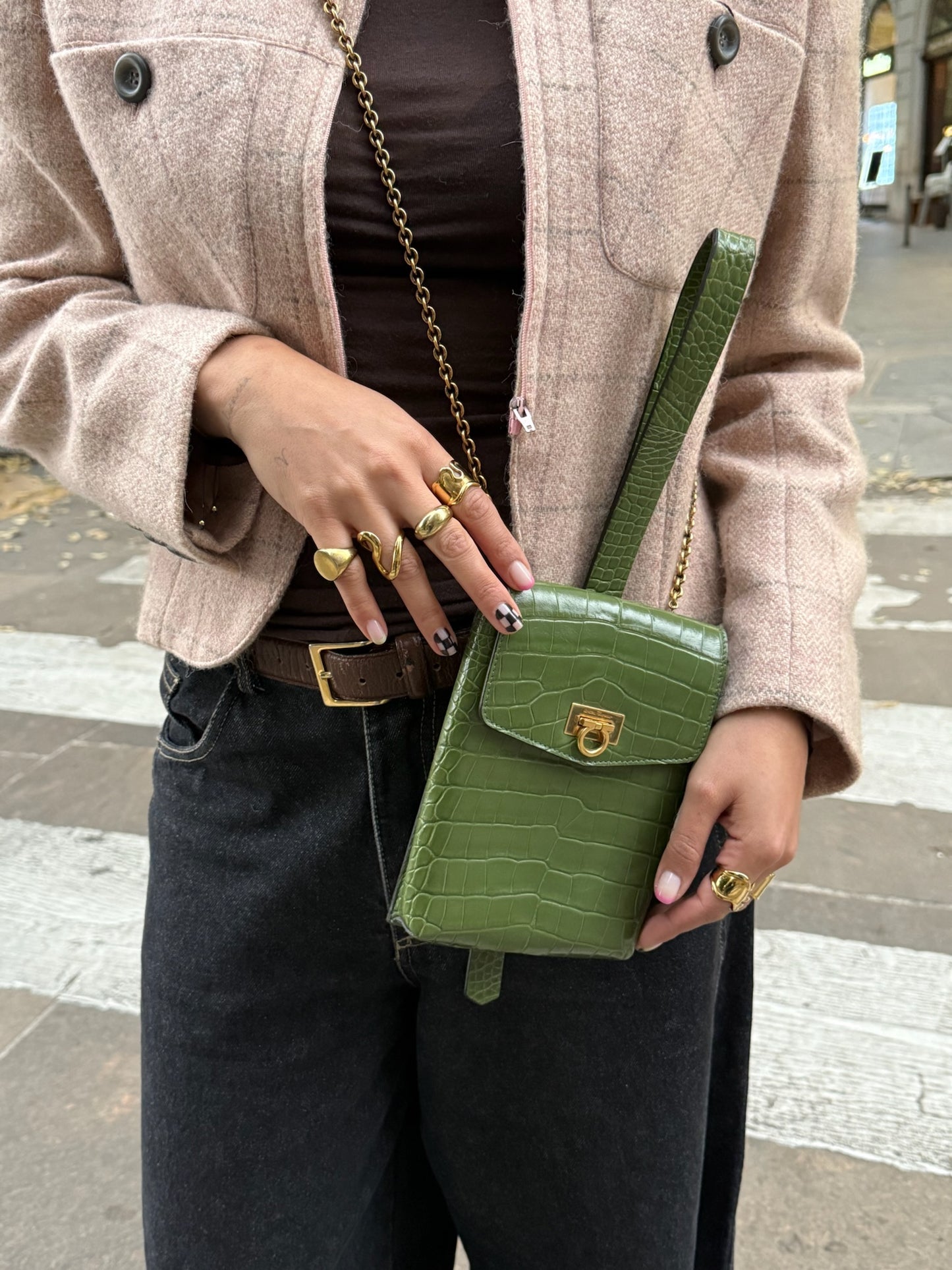 Ferragamo Croc Print Gancini Green Handbag W/ Chain