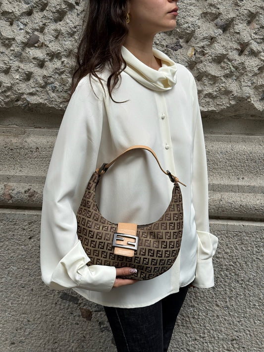 110. Fendi Zucchini Vintage Hobo Brown Canvas Monogram Croissant Bag
