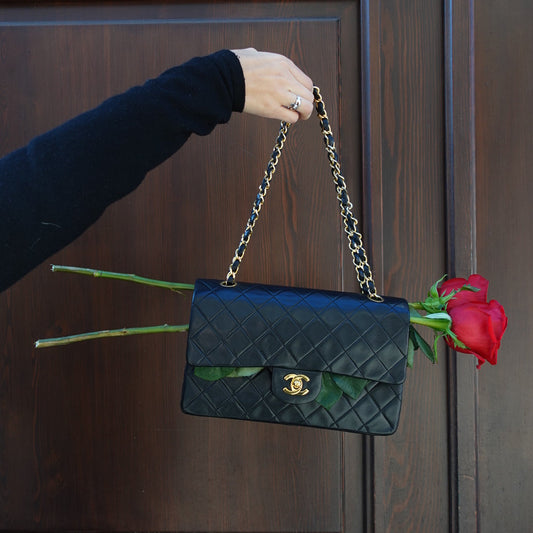 Chanel Vintage Timeless Classic Small 23 Double Flap Black Lambskin FULL SET