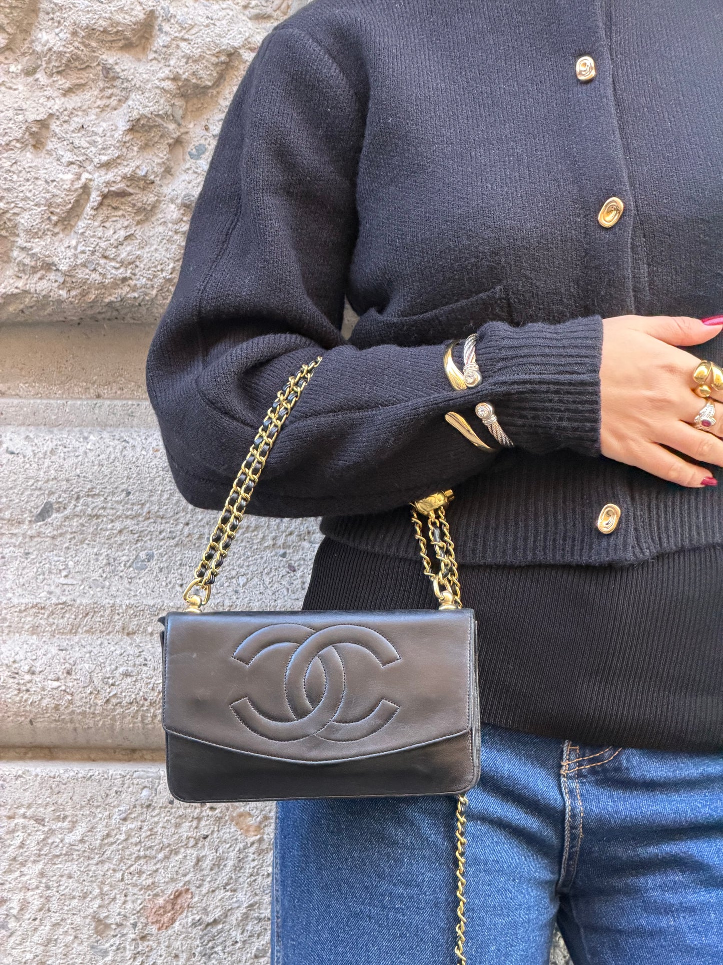 Chanel Re-Worked Vintage Flap Wallet With Chain Black Lambskin CC logo