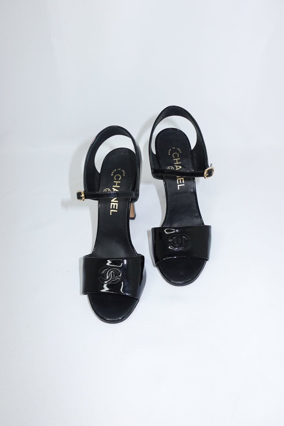 Chanel Vintage Black Patent Slingback Heel Sandals 38