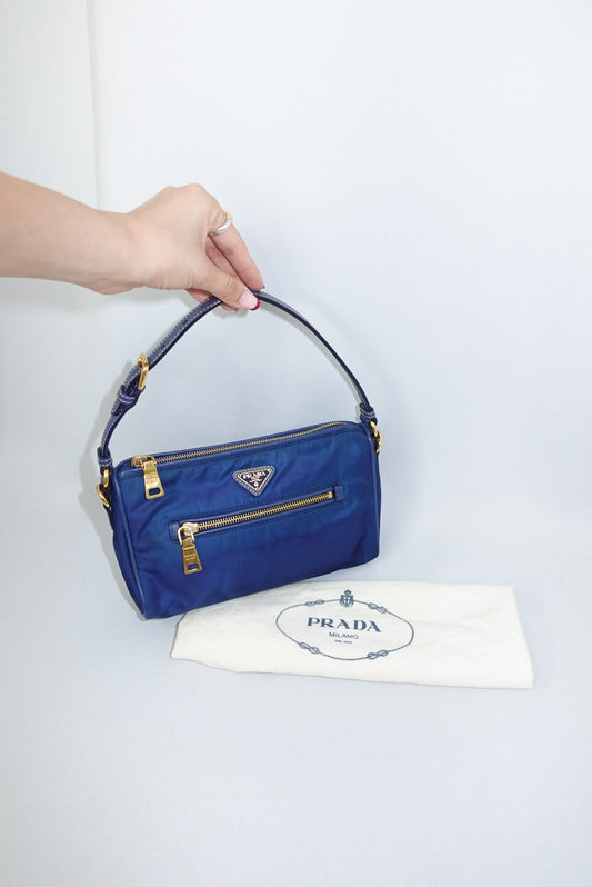 Prada Nylon Navy and Gold Shoulder Bag Y2K