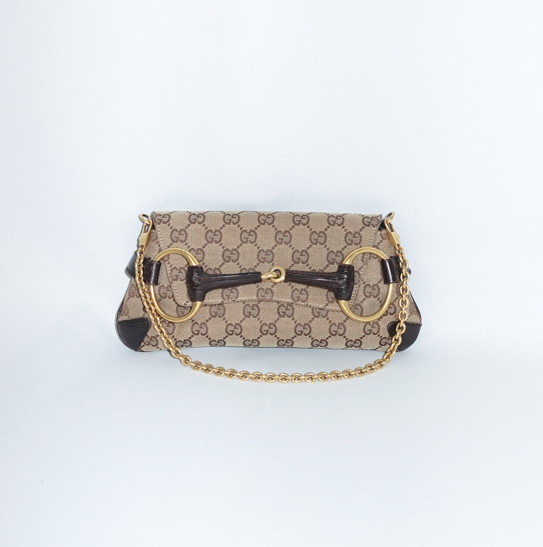 Gucci Horsebit Chain Monogram Canvas Shoulder Bag