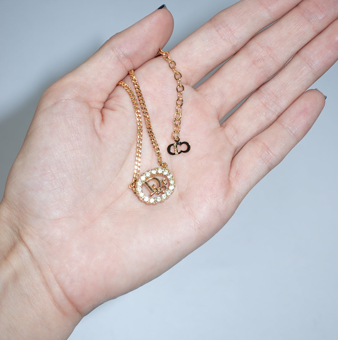     Vintage Christian Dior gold crystal CD logo necklace