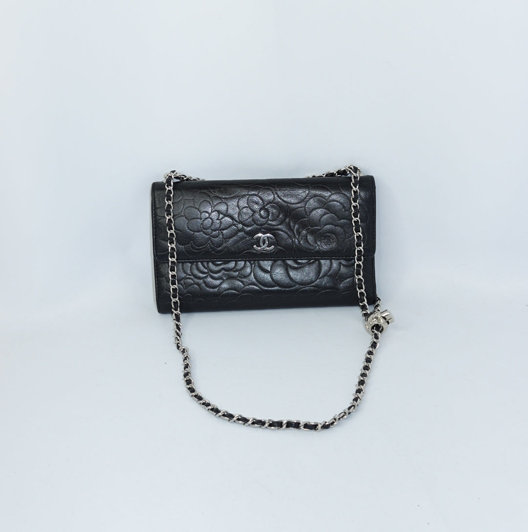 Chanel Black Flap Big Camelia Wallet On Chain