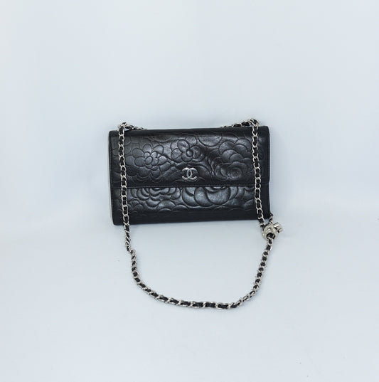 Chanel Black Flap Big Camelia Wallet On Chain