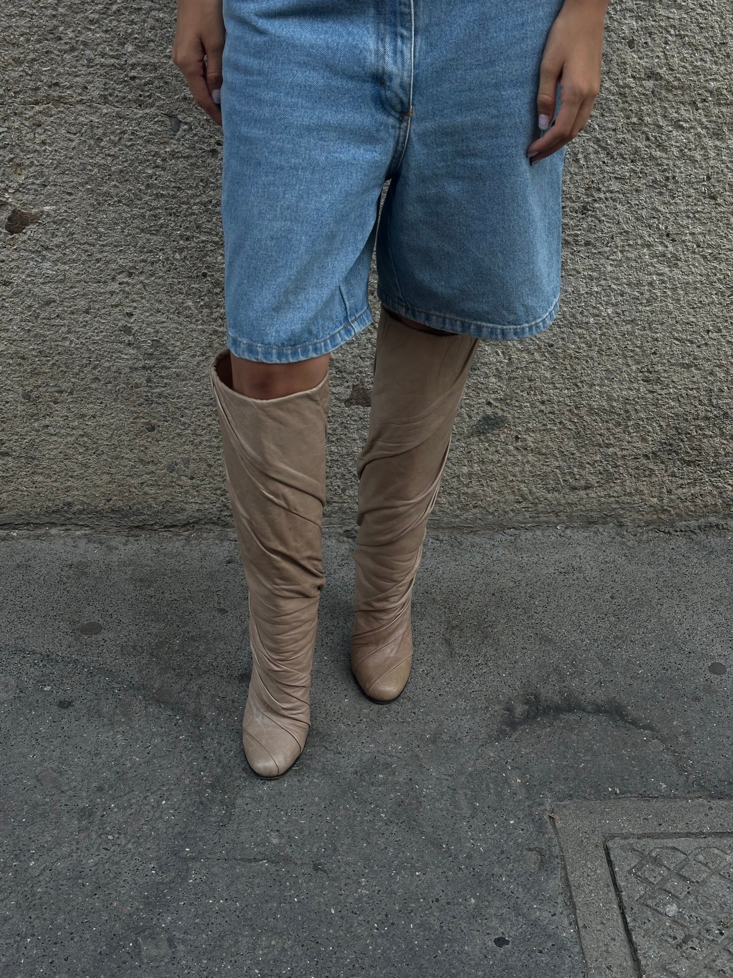 Margiela Draped  Knee-High Round Toe Beige Leather Boots