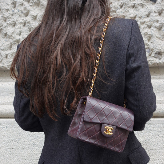 Chanel Vintage Mini Square Quilted Lambskin Bag in Burgundy