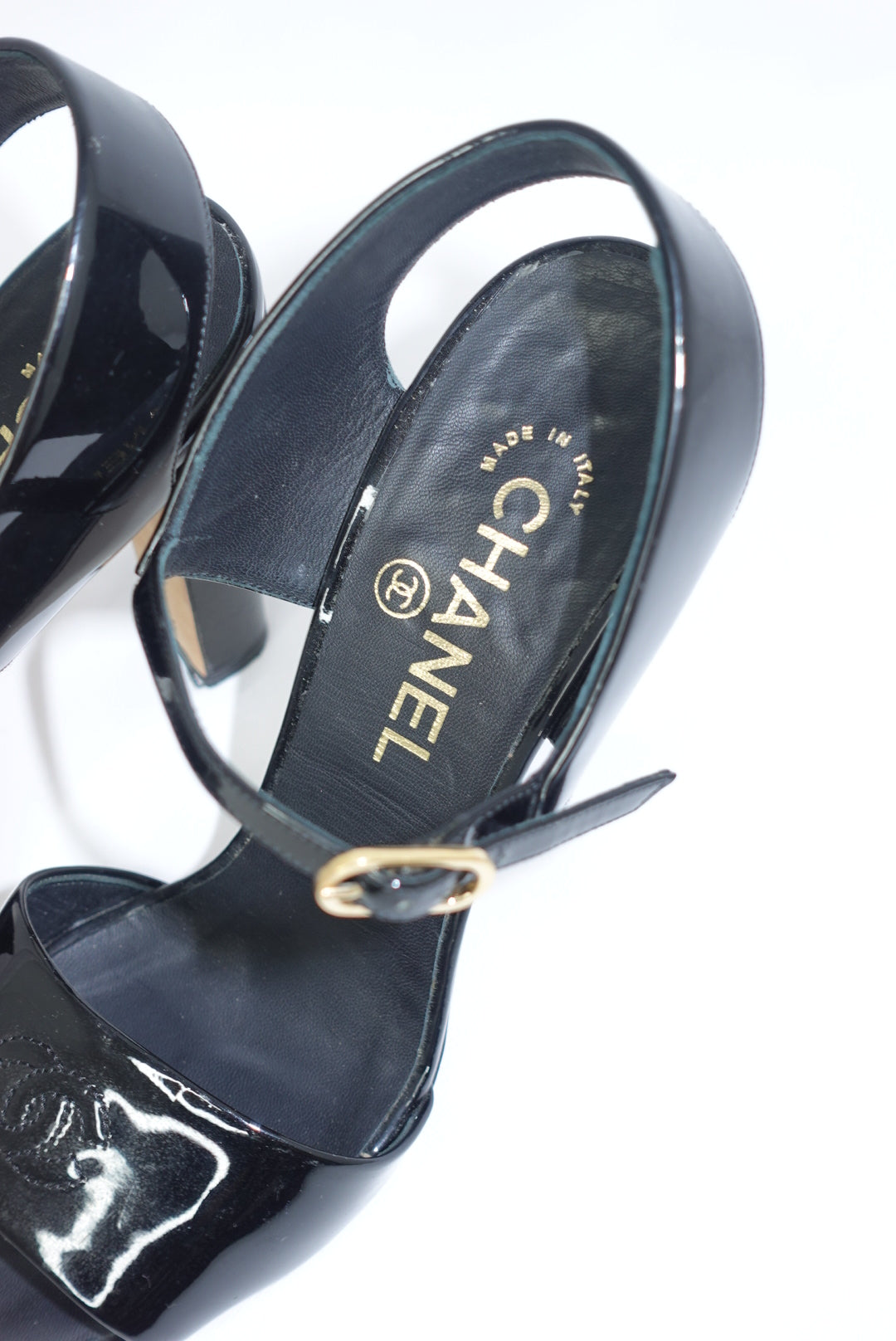 Chanel Vintage Black Patent Slingback Heel Sandals 38