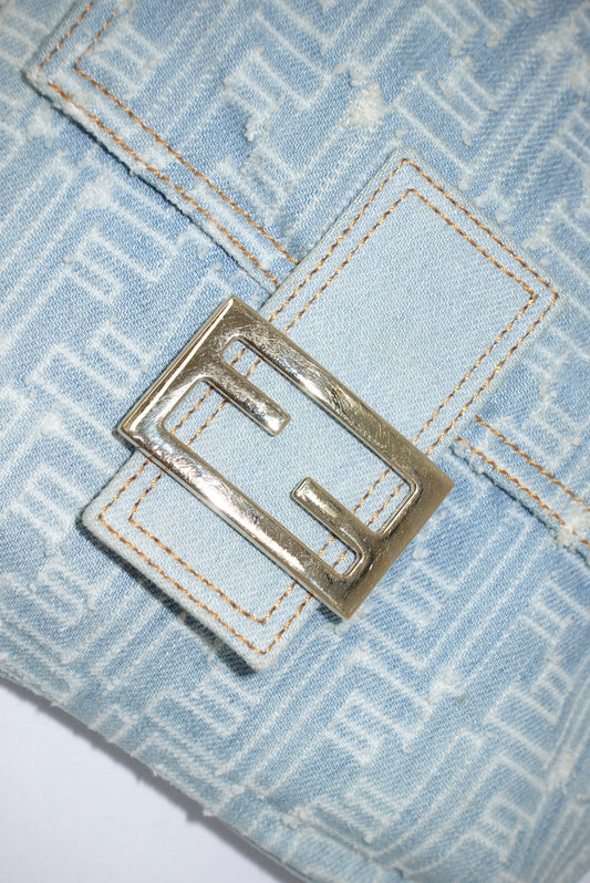 Fendi Zucca Vintage Denim Long Baguette Crossbody Bag