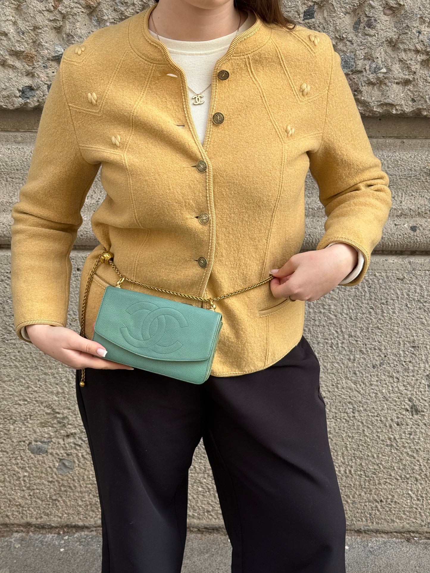 Chanel Re-Worked Flap Teal CC logo Vintage Wallet with Chain