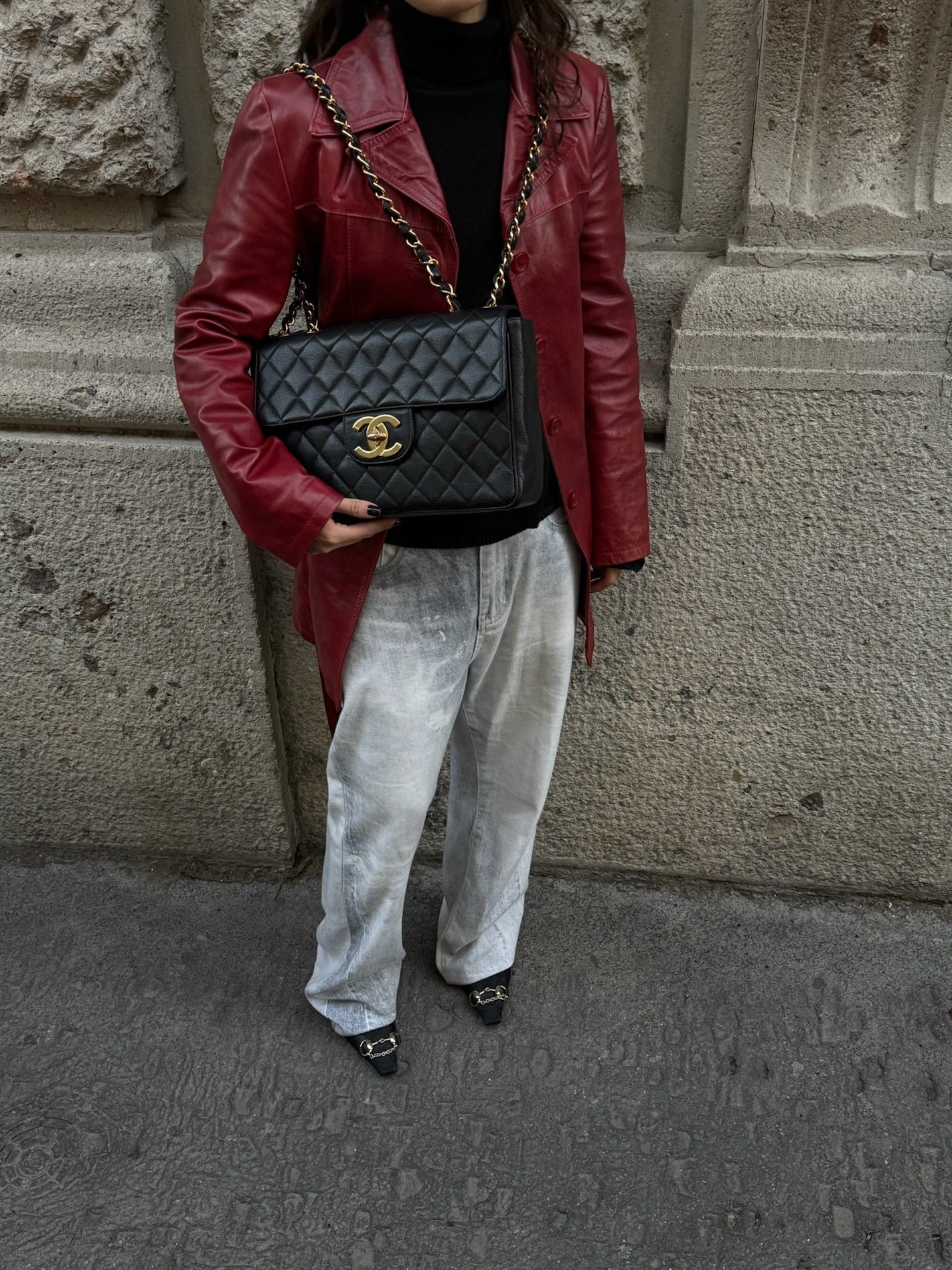 Chanel Vintage Jumbo Maxi Logo Caviar Leather