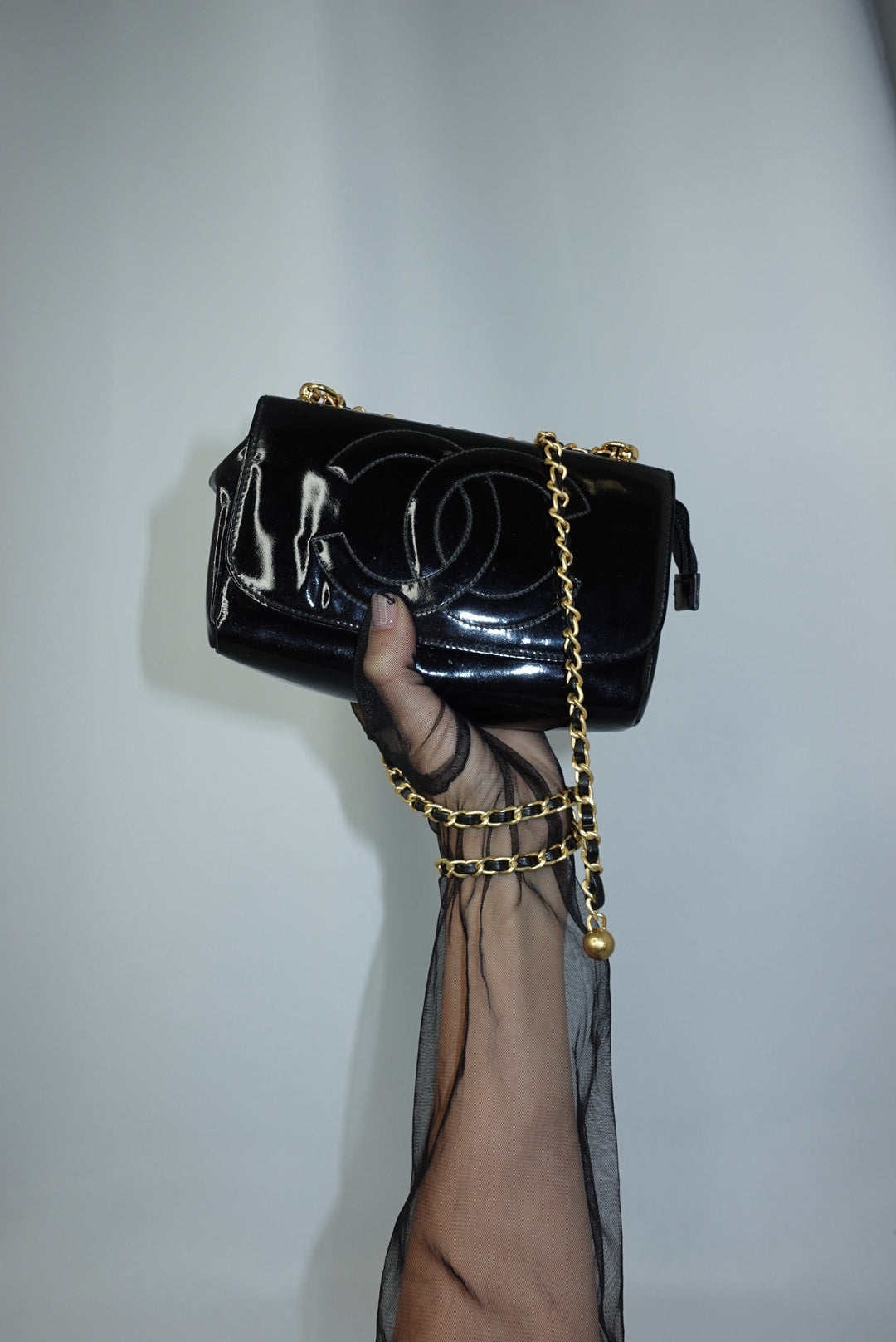 Chanel Re-Worked CC Flap Vintage Black Patent Leather Wallet w/ Chain