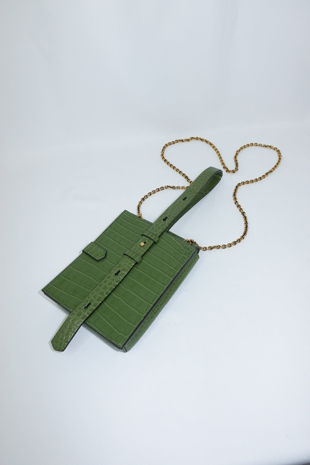 Ferragamo Croc Print Gancini Green Handbag W/ Chain