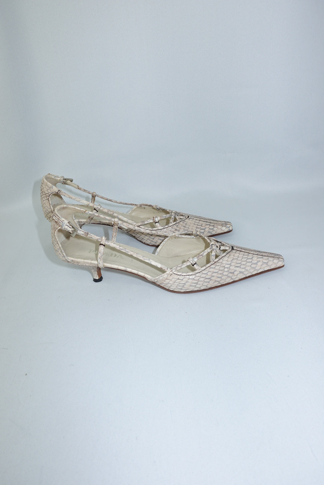 Prada Vintage Beige Python Pointed Toe Kitten Heels 38