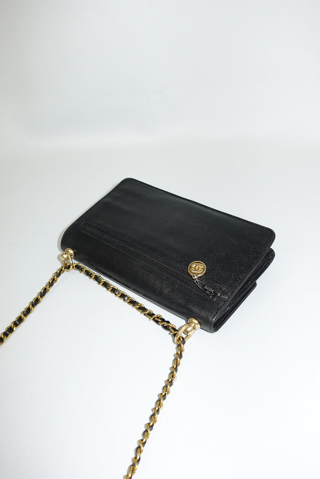 Chanel Re-Worked Vintage Flap Wallet With Chain Black Caviar CC logo