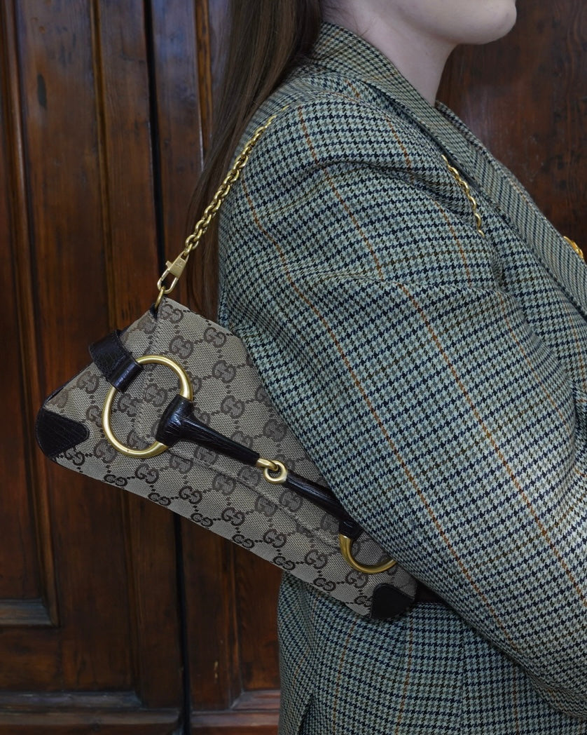 Gucci Horsebit Chain Monogram Canvas Shoulder Bag