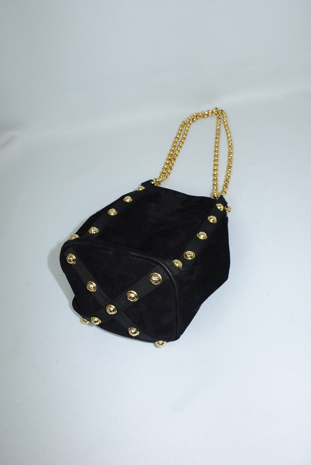 Ferragamo Vintage Black Suede Bucket Bag Gold Stud Details