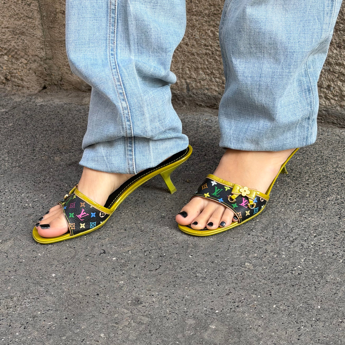 My Vintage Attire Louis Vuitton Murakami kitten heel mules in black multicolore canvas with lime green leather trim.