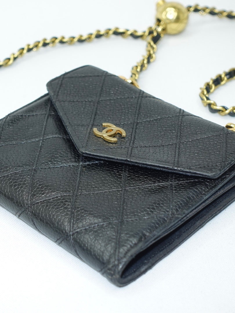 Chanel Re-Worked Small Quilted Black Leather Wallet With Chain