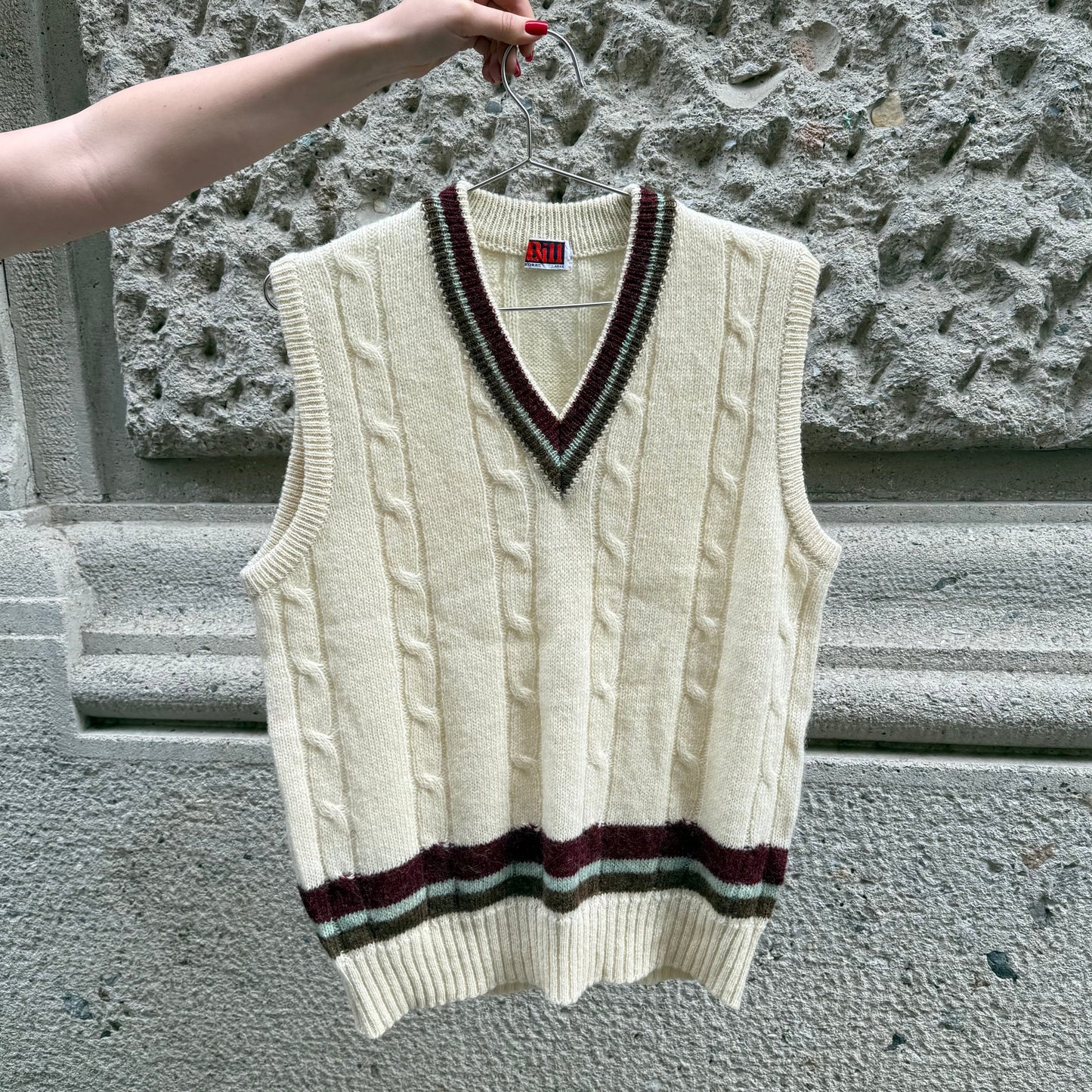 Cream Wool Knit Vest with Multicolor Stripe Detail