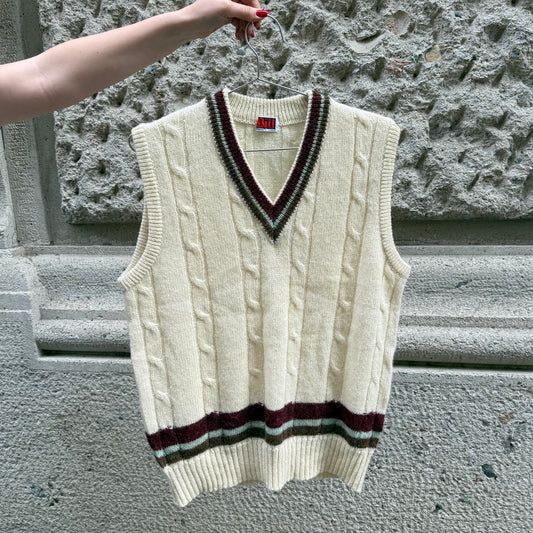 Cream Wool Knit Vest with Multicolor Stripe Detail