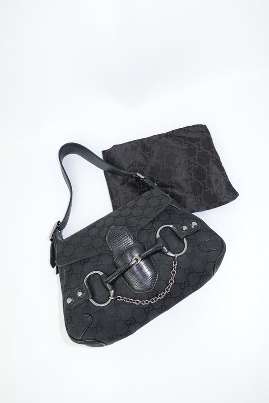 Gucci Horsebit Chain Vintage Black Canvas and Leather Shoulder Bag