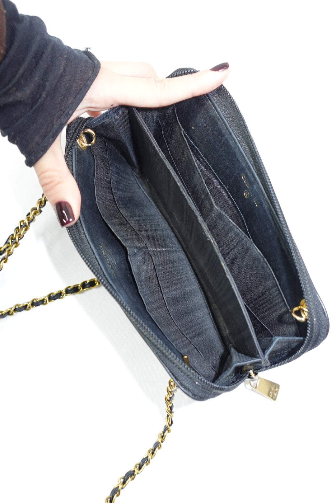 Chanel Re-Worked Zip Vintage Black Interlocking CC Logo Caviar Wallet with Chain
