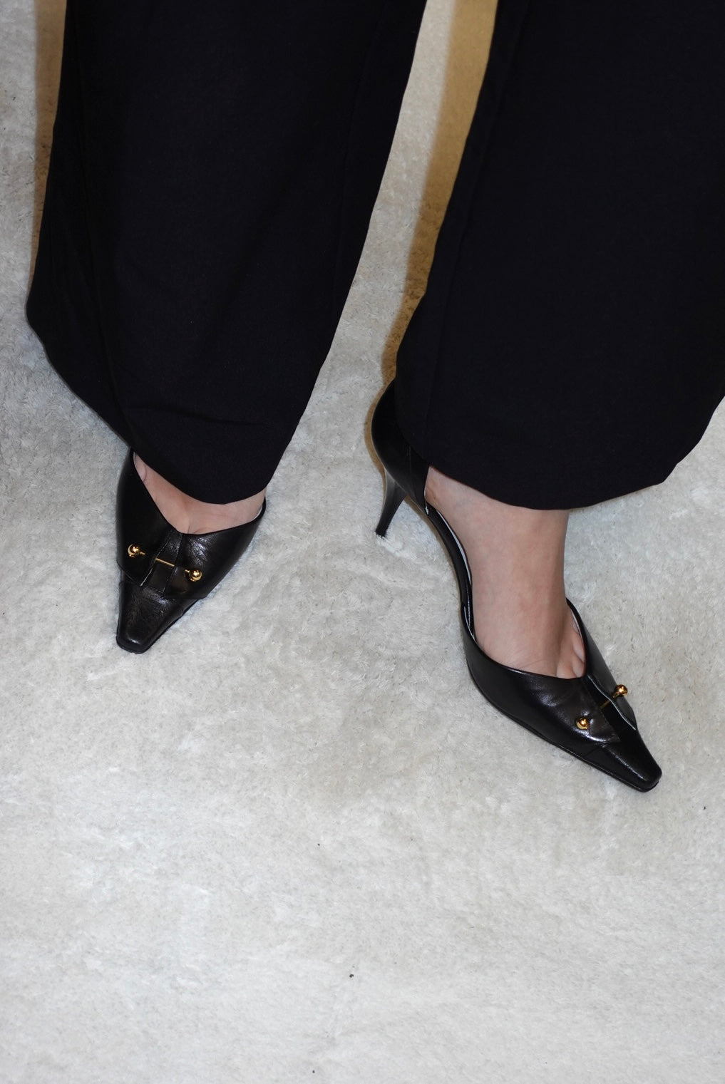 Chanel Vintage Heels Black Pointed-Toe w/ Gold Toned Studs