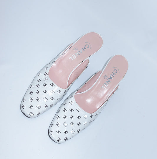 Chanel White Mule Heels With Mini Logos 38