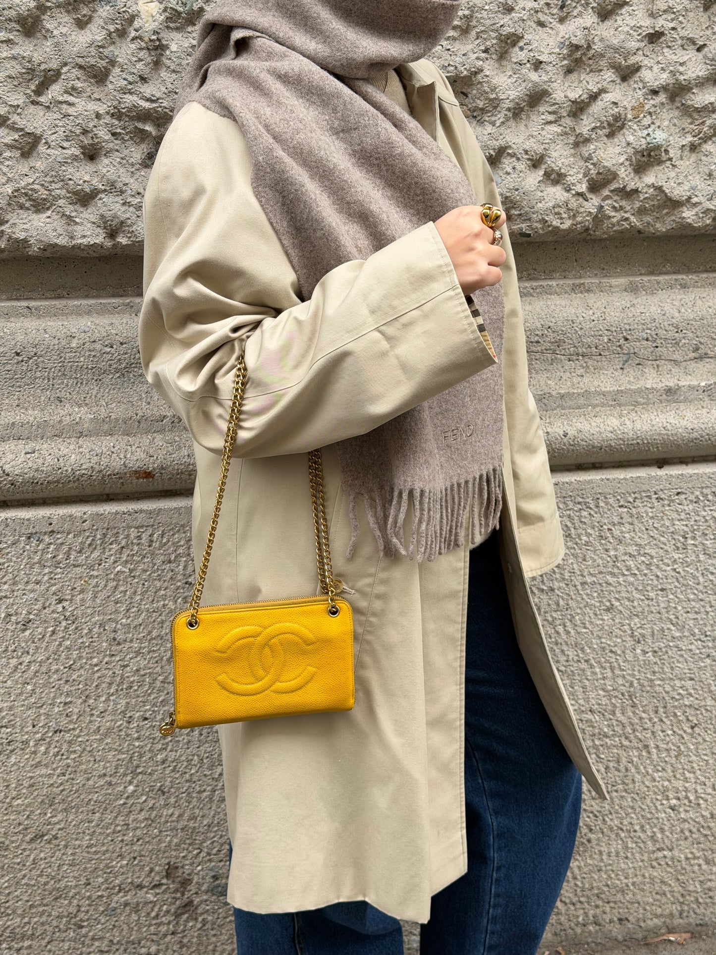 Chanel Vintage Reworked Mustard Zip Wallet with Chain