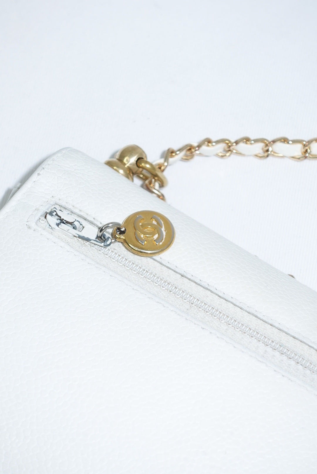 Re-Worked Chanel CC Flap Vintage White Calfskin Vintage Wallet with Chain