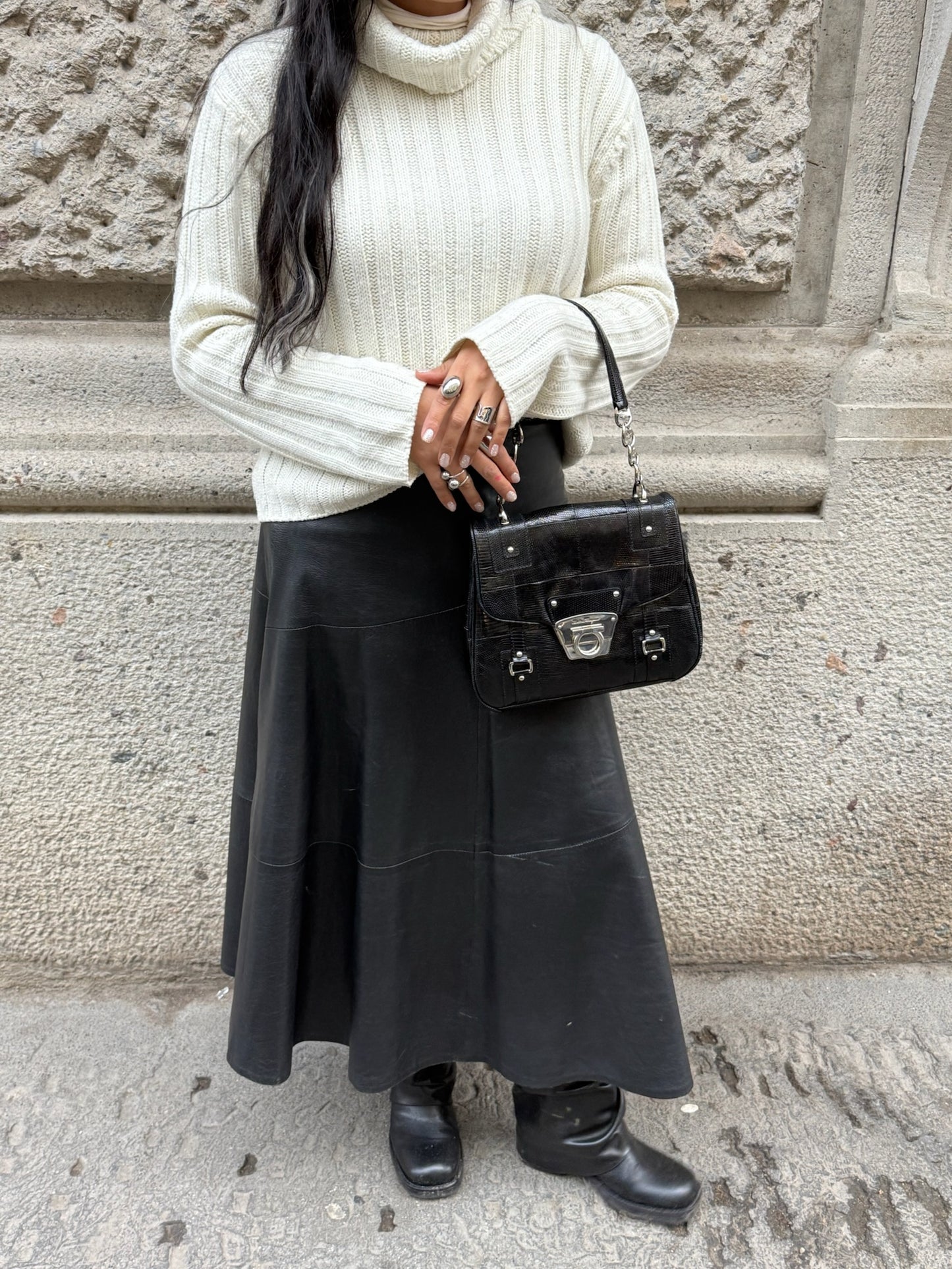 Salvatore Ferragamo Gancio Lock Black Leather Top Handle Bag Silver Hardware