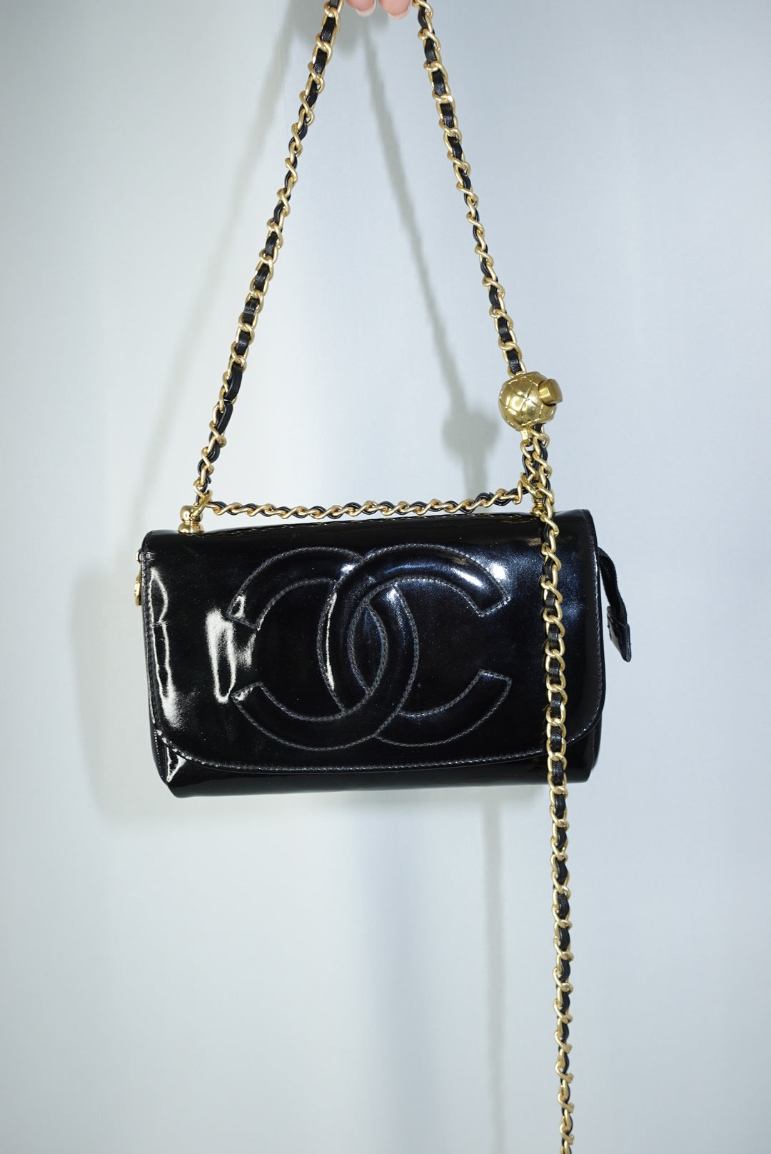 Chanel Re-Worked CC Flap Vintage Black Patent Leather Wallet w/ Chain