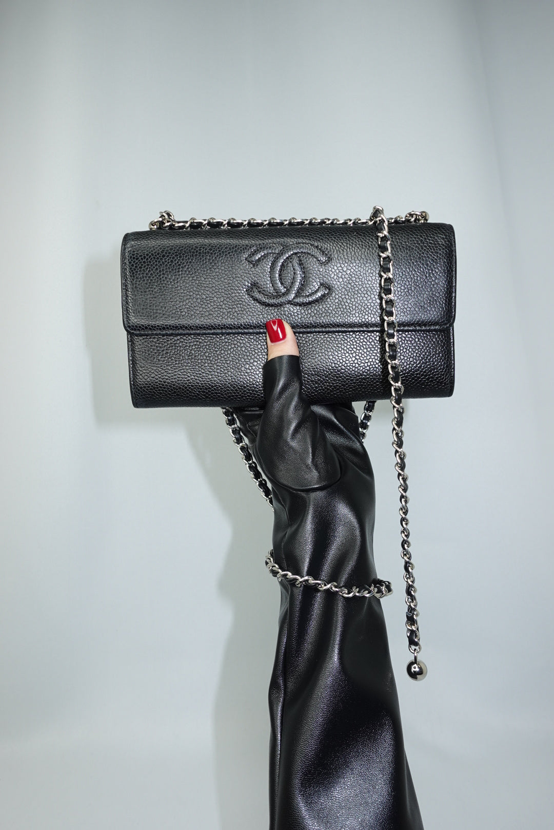 Chanel Black Caviar Leather Wallet on Chain Reworked Flap with Embossed CC Detail