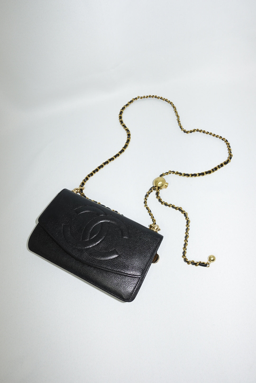 Chanel Re-Worked Vintage Flap Wallet With Chain Black Caviar CC logo