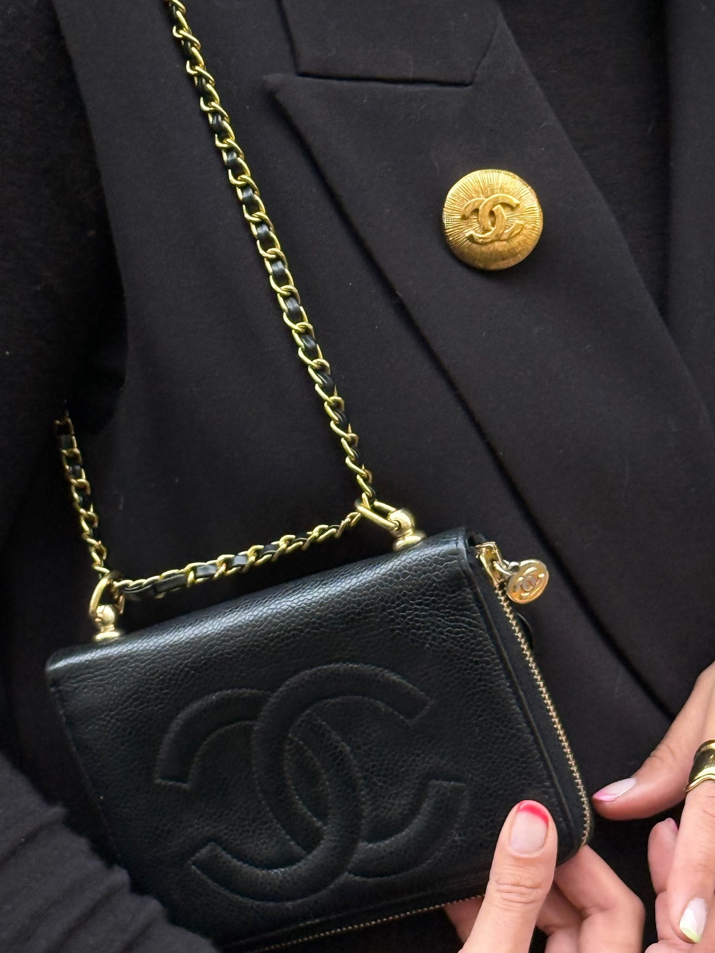 Re-Worked Chanel Black Zip CC Logo Small Vintage Wallet with Chain