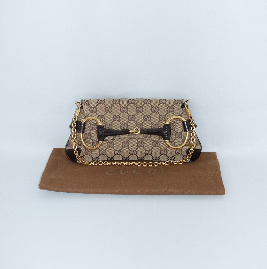 Gucci Horsebit Chain Monogram Canvas Shoulder Bag