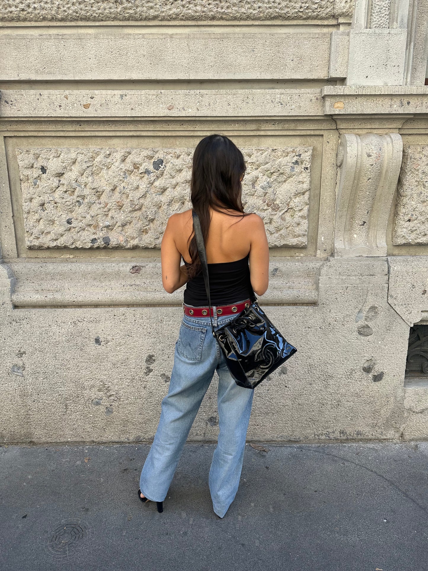 Chanel Vintage Black Patent Bucket Shoulder Bag