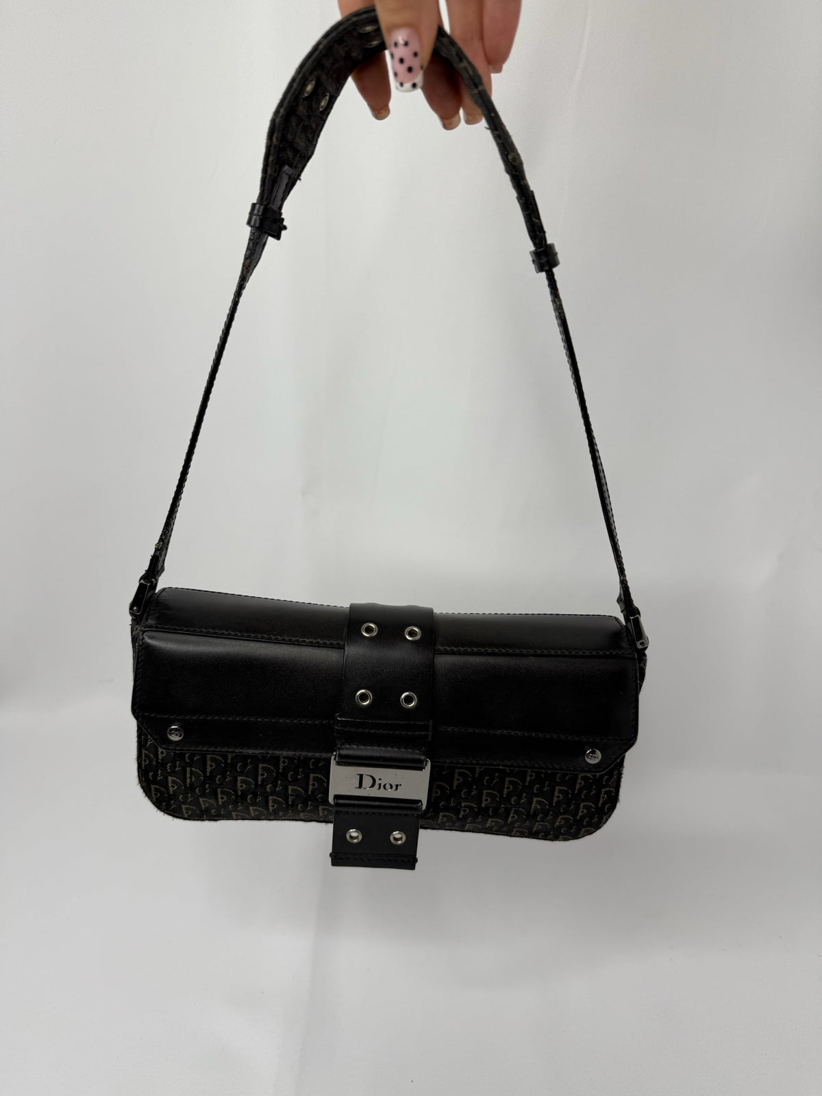 Christian Dior Vintage Mini Columbus Black Leather & Canvas Monogram Bag