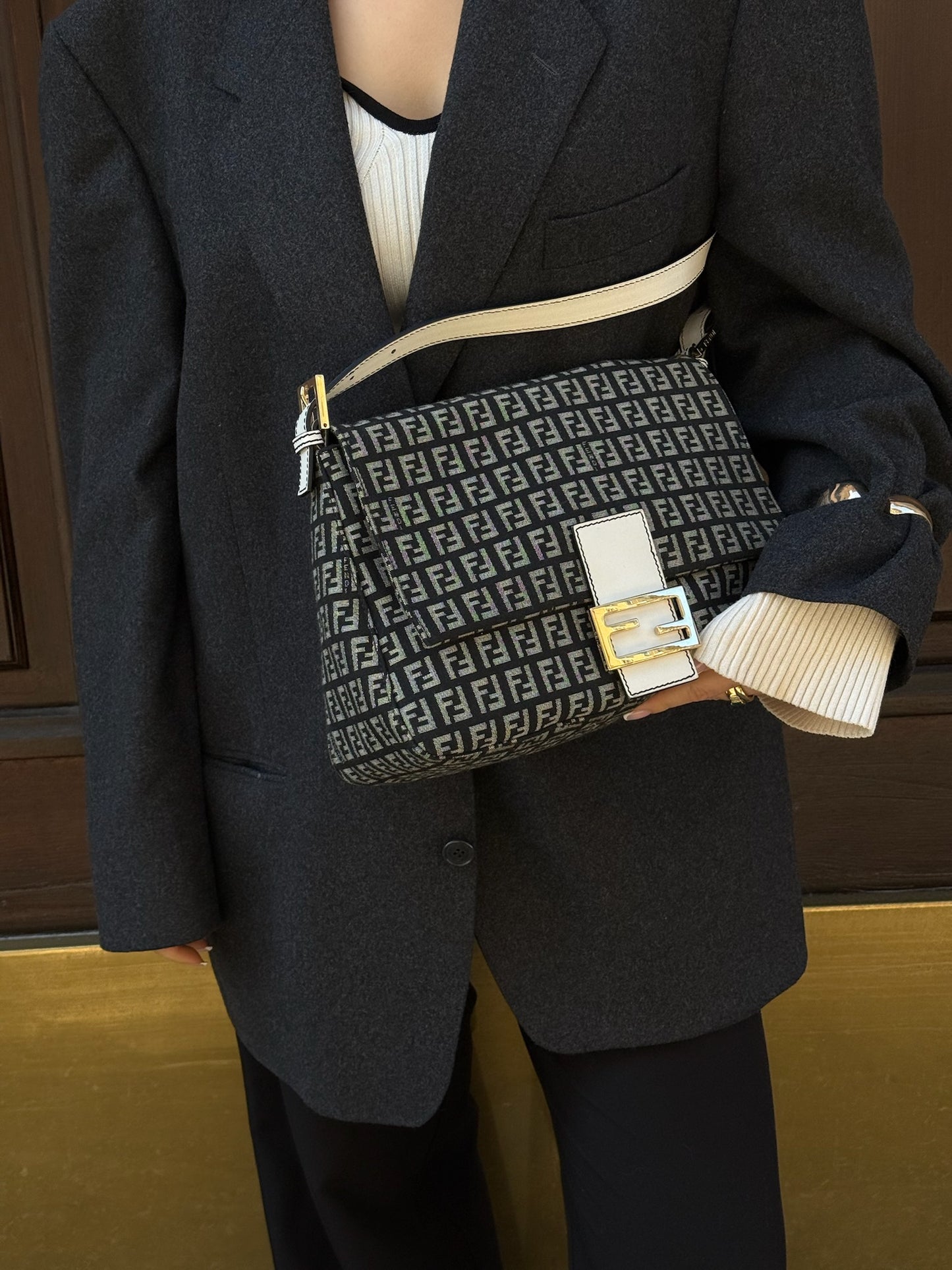 Fendi Mamma Baguette Zucchini B&W Canvas Monogram Vintage Bag