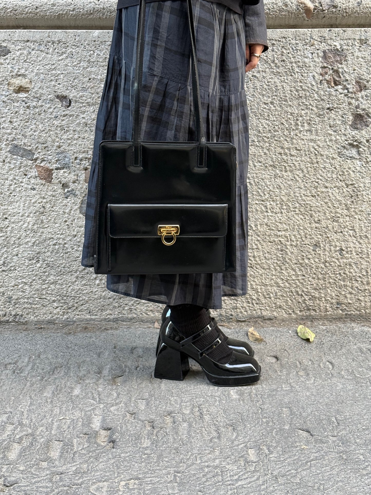 Salvatore Ferragamo Vintage Black Shoulder Gancini Bag