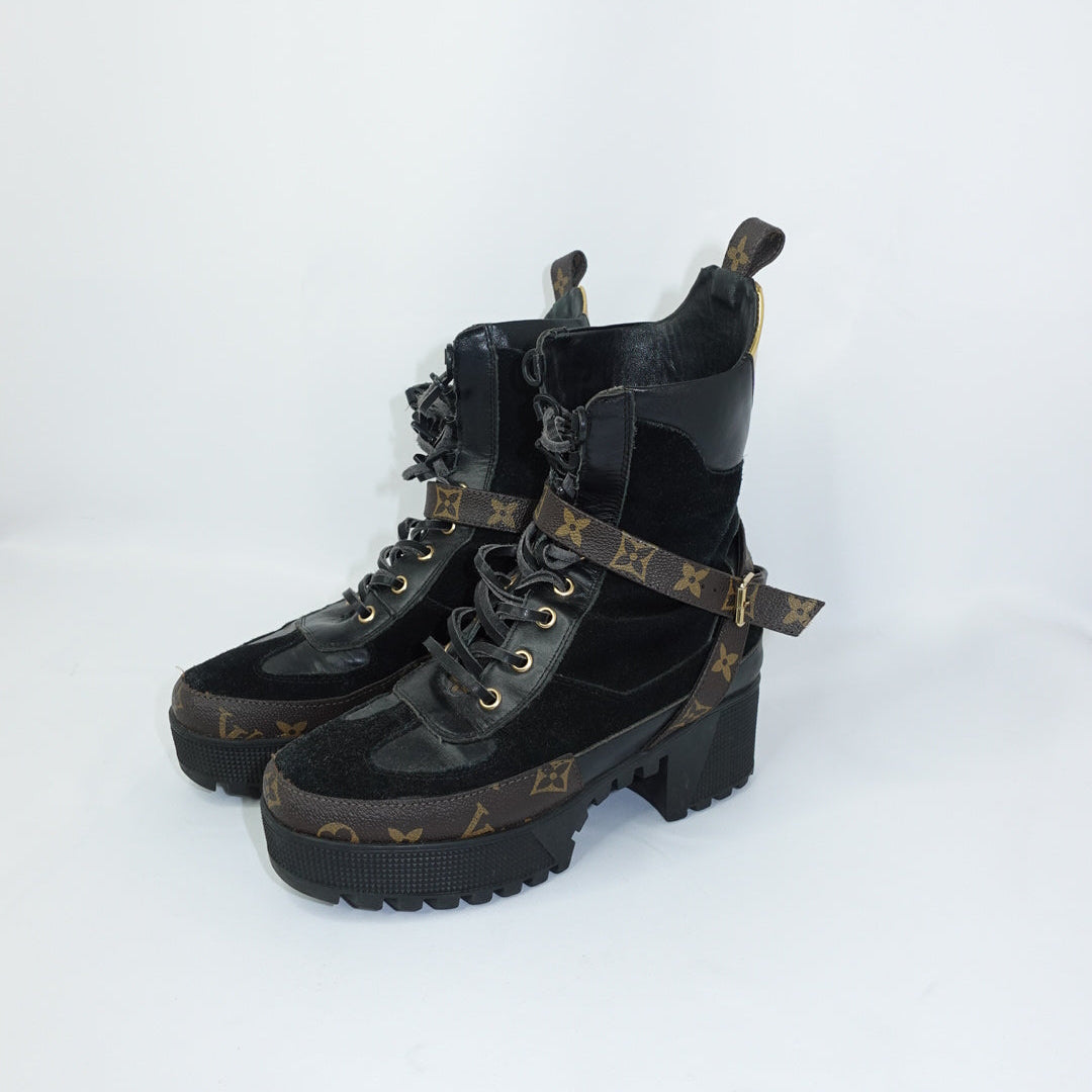 Stivali da combattimento in pelle scamosciata e pelle nera Monogram Louis Vuitton