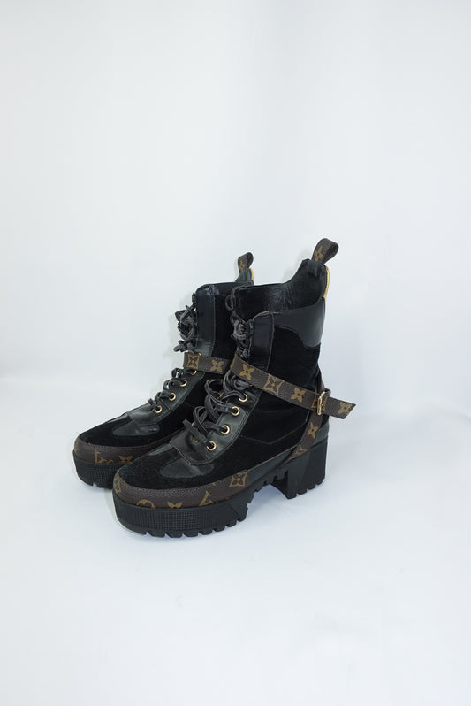 Louis Vuitton Monogram Black Leather and Suede Combat Boots