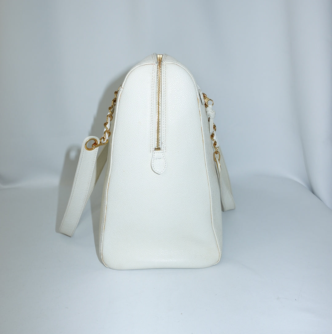 Vintage Chanel White Caviar Leather CC Maxi Tote