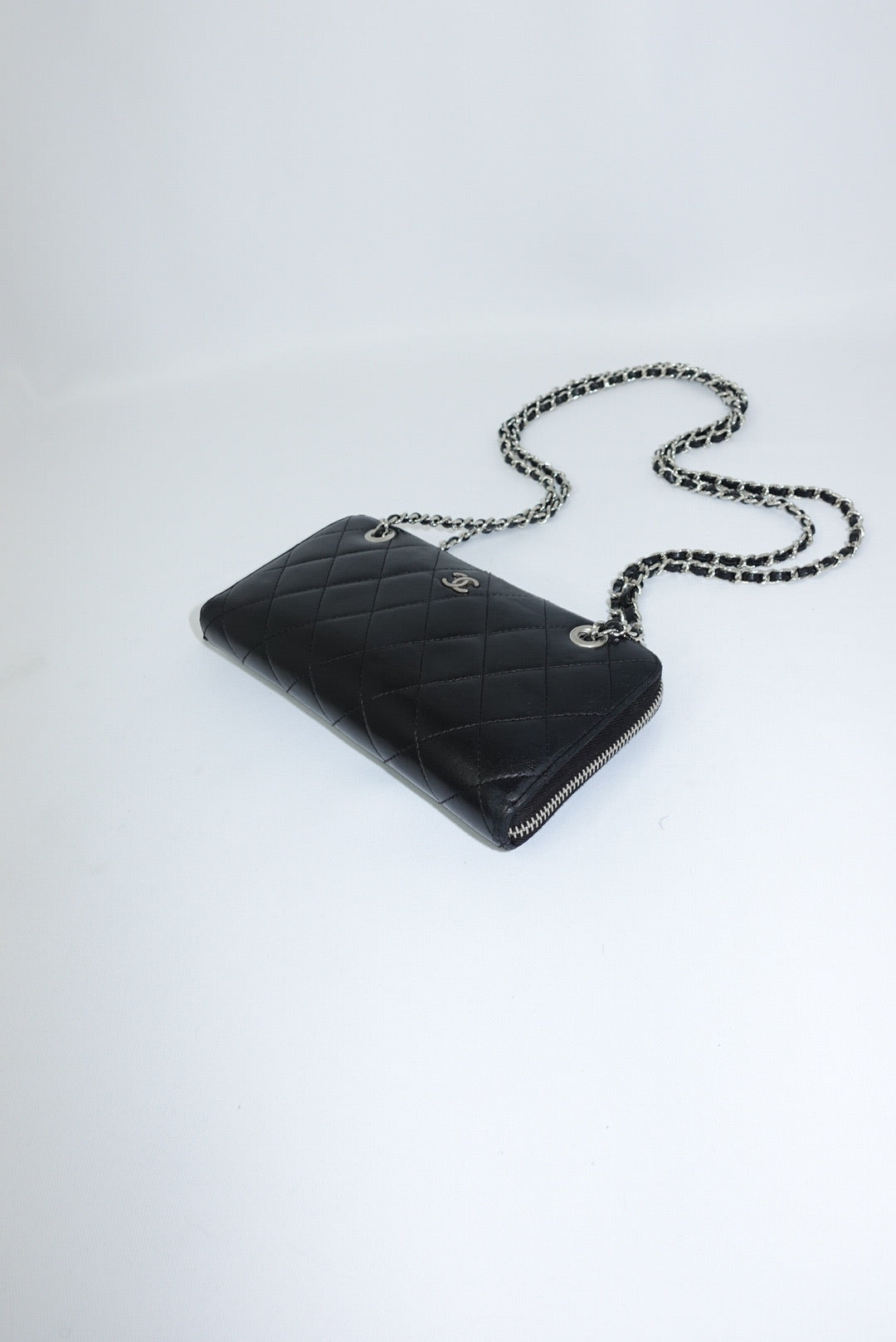 Re-Worked Chanel Timeless Zip Black Vintage Wallet with Chain