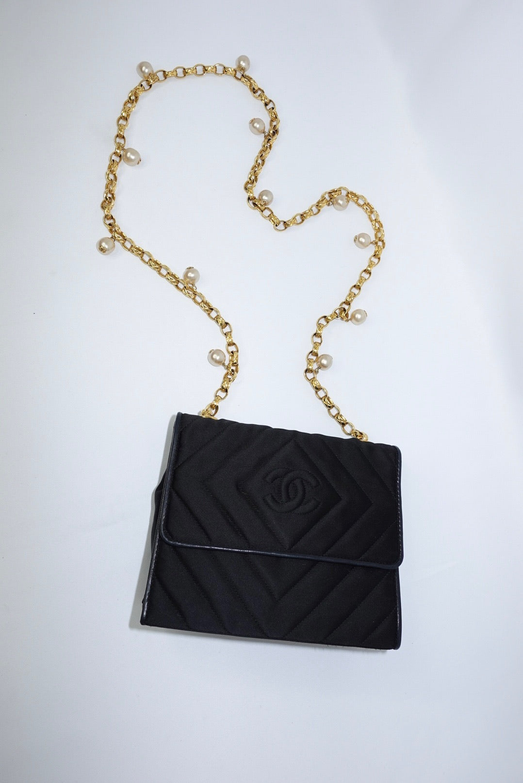 Chanel Vintage Satin Pearl Chain Embroidered CC Logo Bag