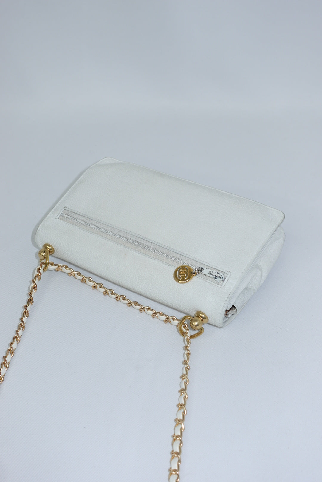 Re-Worked Chanel CC Flap Vintage White Calfskin Vintage Wallet with Chain