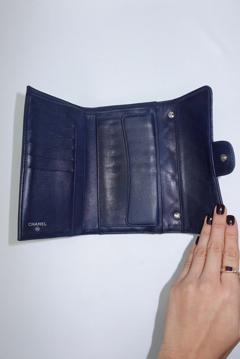 Re-Worked Chanel Timeless Trifold Vintage Navy Wallet with Chain
