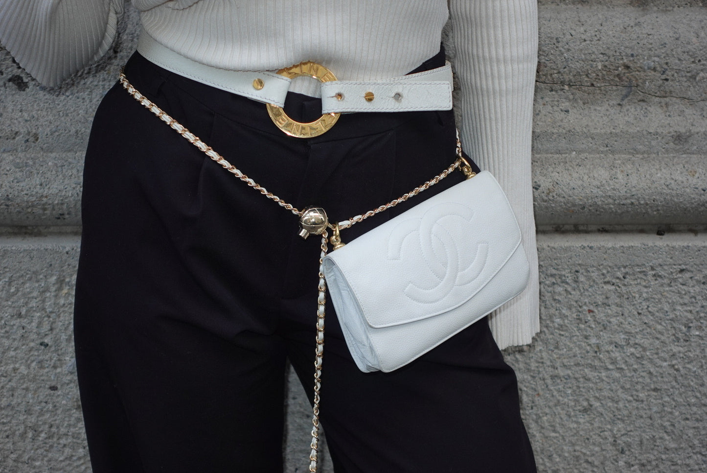 Re-Worked Chanel CC Flap Vintage White Calfskin Vintage Wallet with Chain